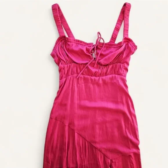 Line & Dot Brooke Bias Cut Ruched Tie Bust Sateen Midi Dress in Hot Pink S - Picture 8 of 16
